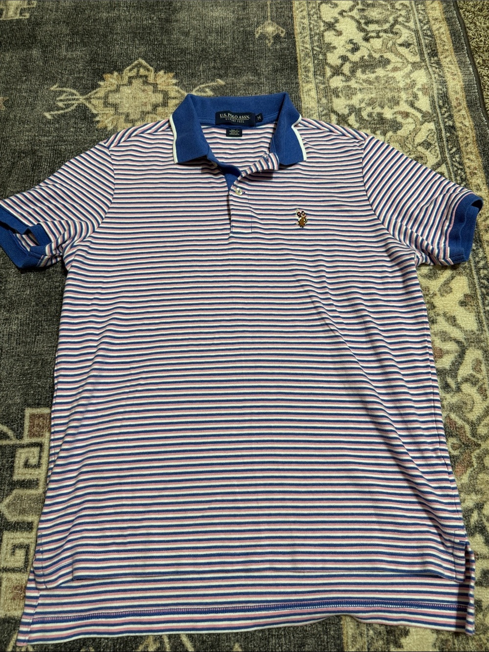 U.S. Polo Assn. Blue & White Striped Men’s Polo with Contrast Collar